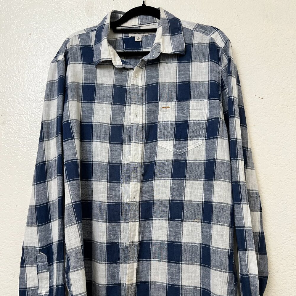 Calvin Klein Jeans Shirt Mens Blue/White Plaid Cotton Weave Button Down Medium